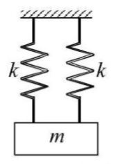 A mass $m$ is attached to two identical springs having spring constant ...