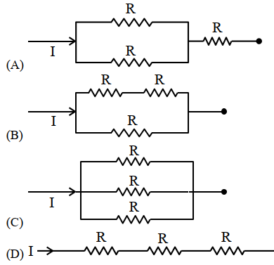 Different combination of 3 resistors of equal resistance $R$ are shown ...
