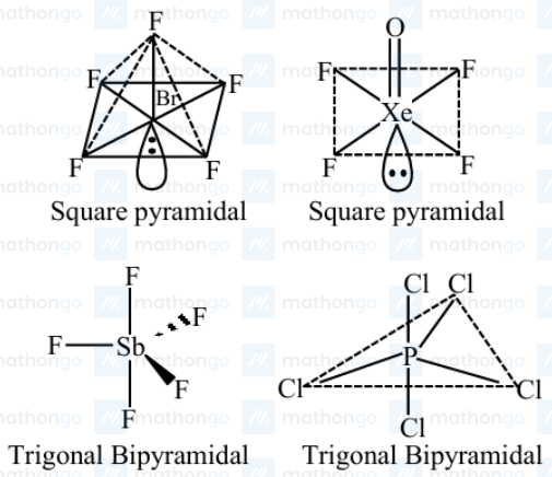 The molecules having square pyramidal geometry are (1) $\mathrm{BrF}_5 ...